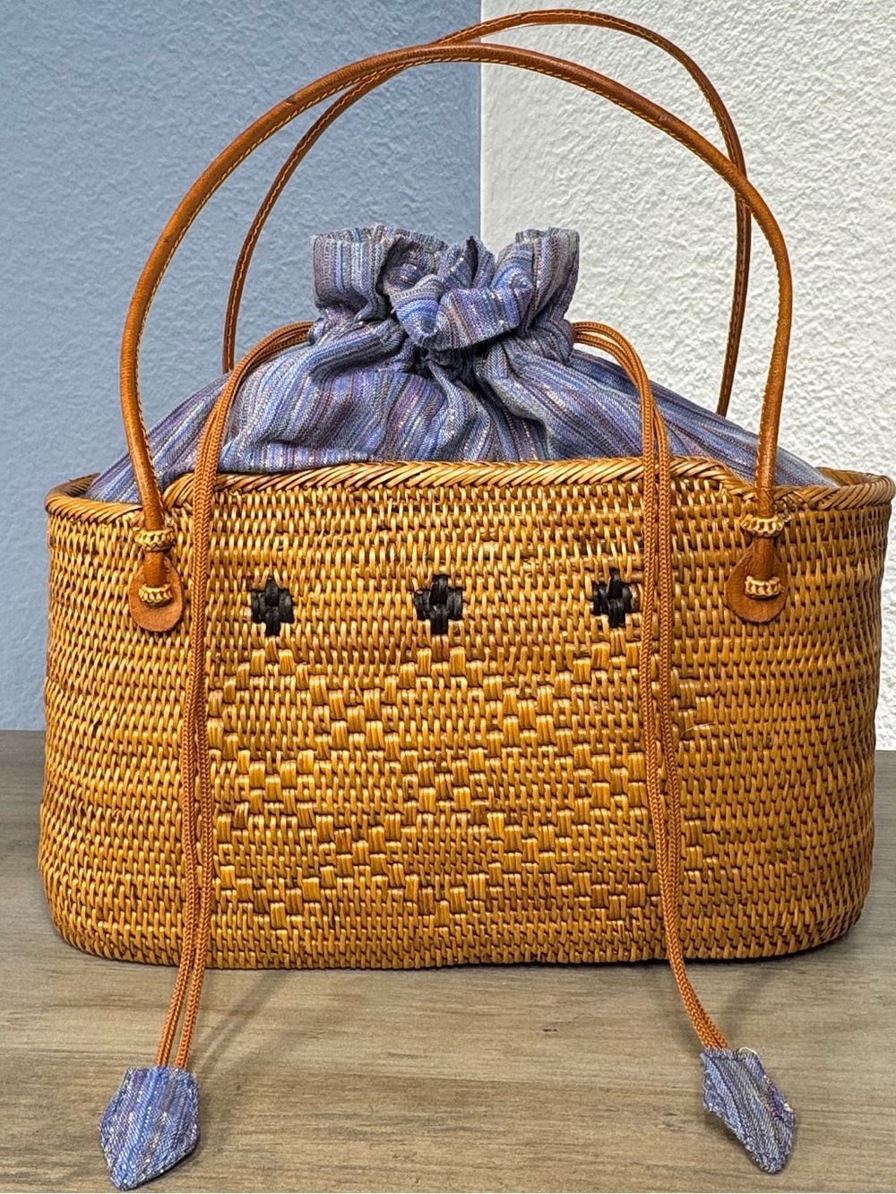 Handmade Rattan Wicker Basket Bag Leather Handles Blue Striped Drawstring